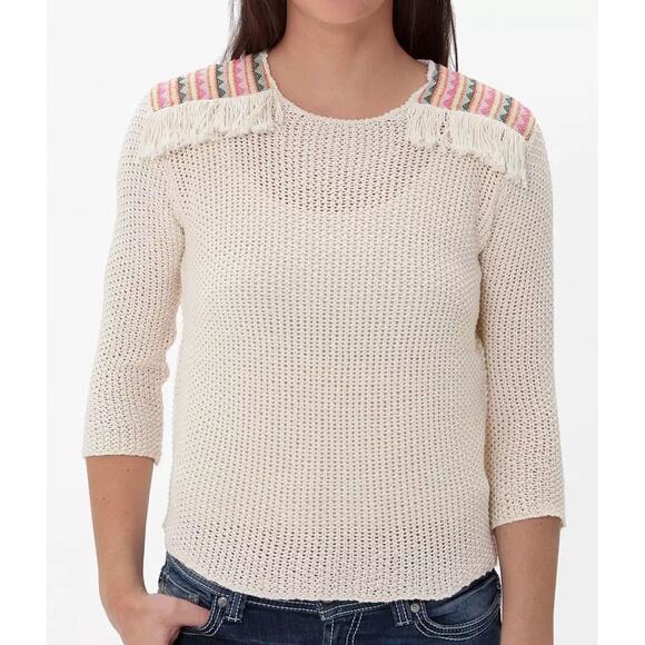 Billabong Sandy Kisses Women's M Boho Aztec Fringe Open Knit Crop Sweater, Beige - Picture 1 of 6